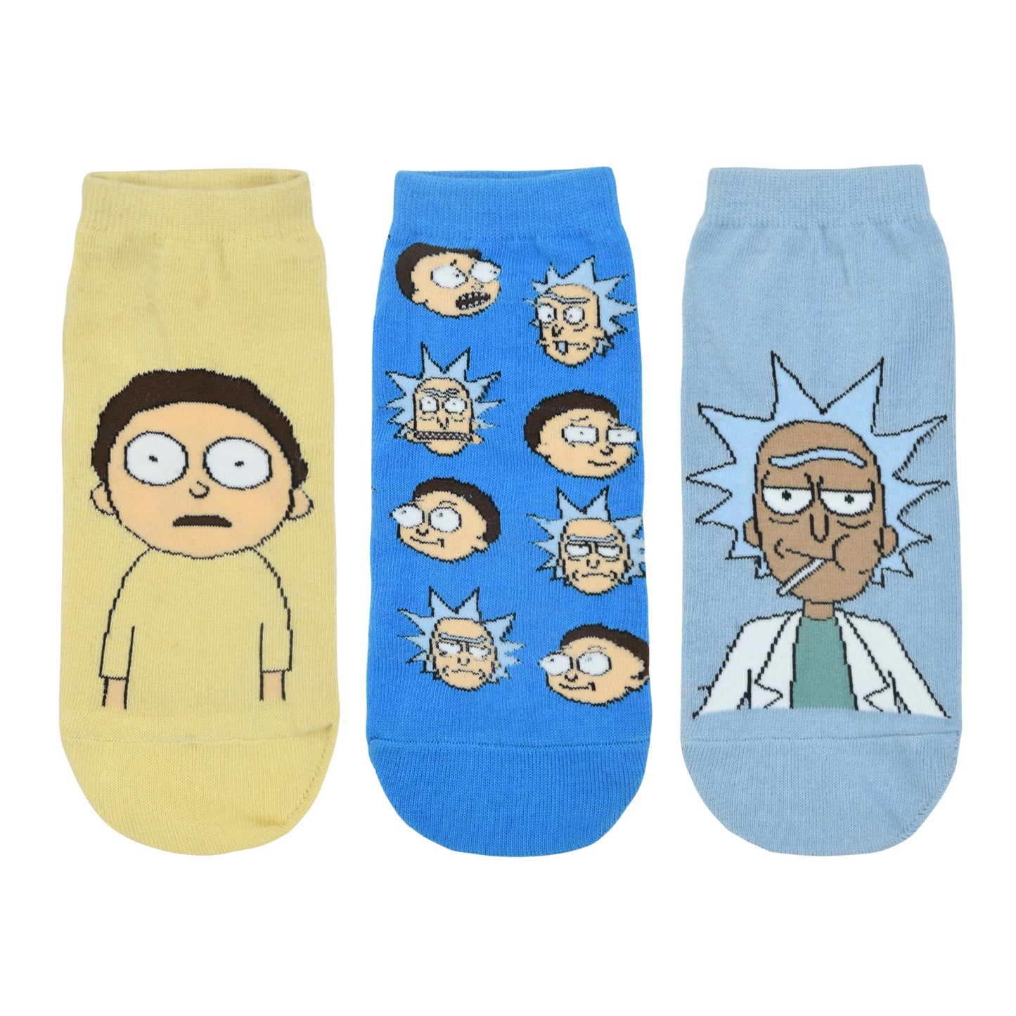 Rick and morty cotton lowcut/ankle character socks for men- made with fine cotton, nylon and elastane - pack of 3 (blue, cream) (free size)