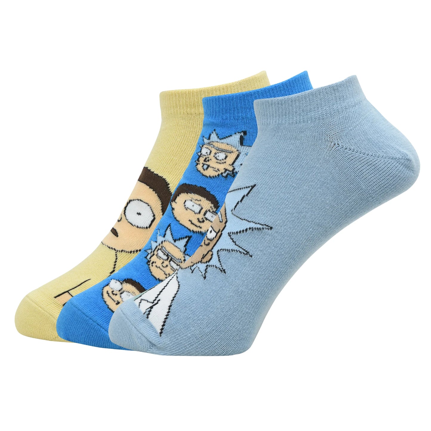 Rick and morty cotton lowcut/ankle character socks for men- made with fine cotton, nylon and elastane - pack of 3 (blue, cream) (free size)