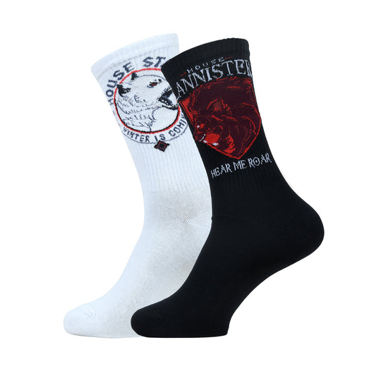 Balenzia x game of thrones house lannister sigil & house of stark crew length rib socks for men (free size)(pack of 2 pairs/1u)white & black