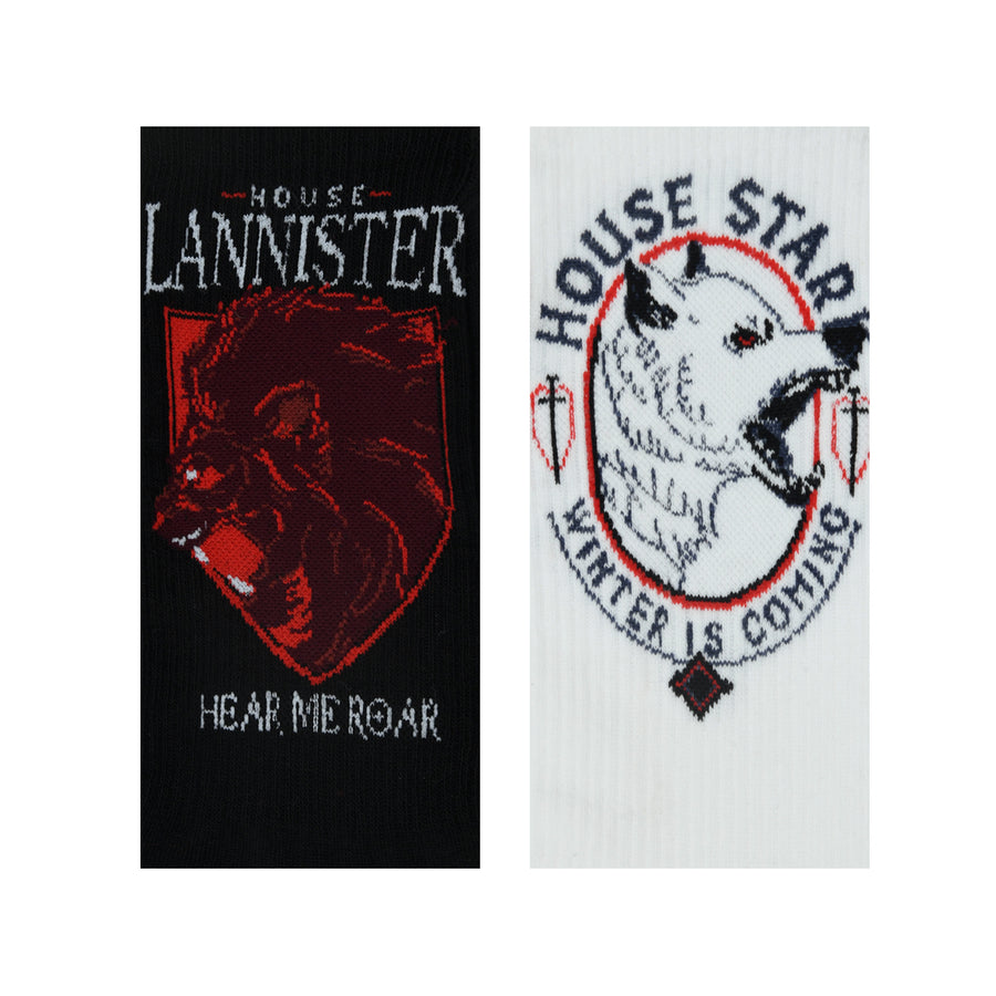 Balenzia x game of thrones house lannister sigil & house of stark crew length rib socks for men (free size)(pack of 2 pairs/1u)white & black