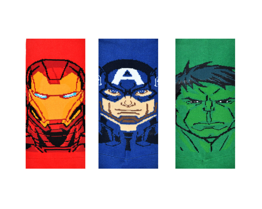 Balenzia x marvel character iron man,captain america & hulk themed ankle length socks for men-(pack of 3 pairs/1u)(free size)blue,red,green