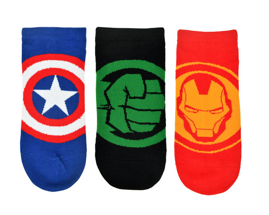 Balenzia x marvel iron man,captain america & hulk logo ankle length socks for men-(pack of 3 pairs/1u)(free size)blue,red,green