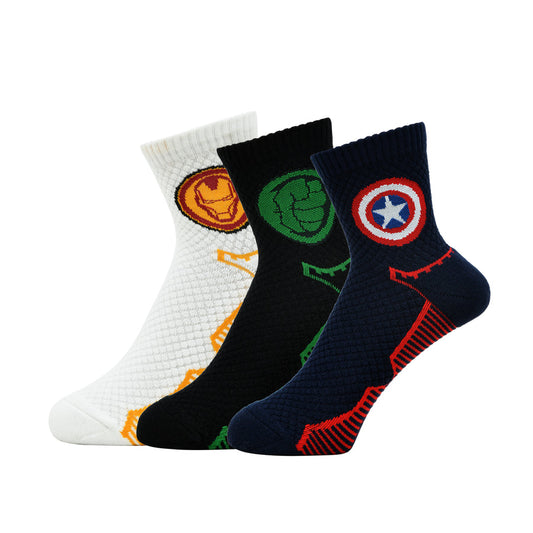 Balenzia x marvel iron man,captain america & hulk logo high ankle half cushioned sports socks for men-(pack of 3 pairs/1u)(free size)white,green,navy