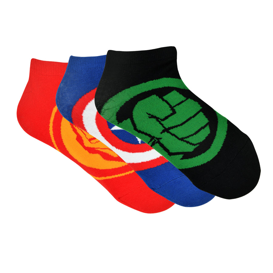 Balenzia x marvel iron man,captain america & hulk logo ankle length socks for men-(pack of 3 pairs/1u)(free size)blue,red,green