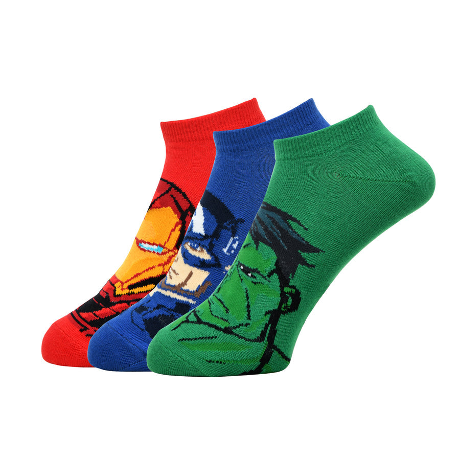 Balenzia x marvel character iron man,captain america & hulk themed ankle length socks for men-(pack of 3 pairs/1u)(free size)blue,red,green