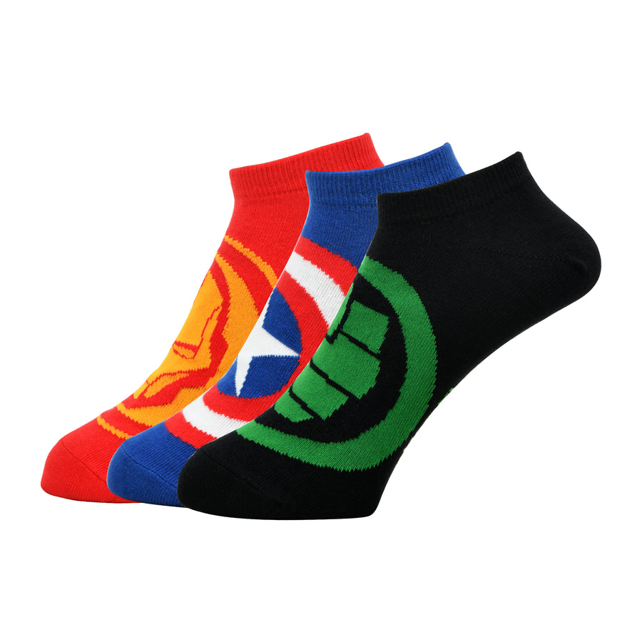 Balenzia x marvel iron man,captain america & hulk logo ankle length socks for men-(pack of 3 pairs/1u)(free size)blue,red,green