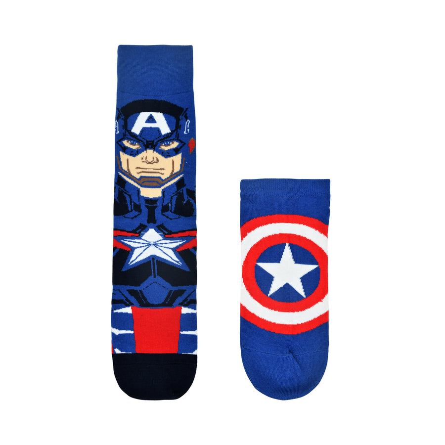 Balenzia x marvel character crew & lowcut/ankle length sock for men- "the unstoppable captain america" gift pack (pack of 2 pairs/1u)(free size) blue