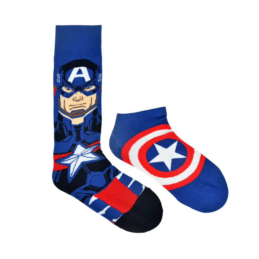 Balenzia x marvel character crew & lowcut/ankle length sock for men- "the unstoppable captain america" gift pack (pack of 2 pairs/1u)(free size) blue