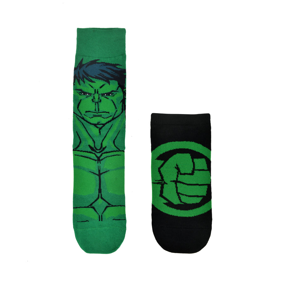 Balenzia x marvel character crew & ankle length sock for men- "the incredible hulk" gift pack (pack of 2 pairs/1u)(free size) green & black