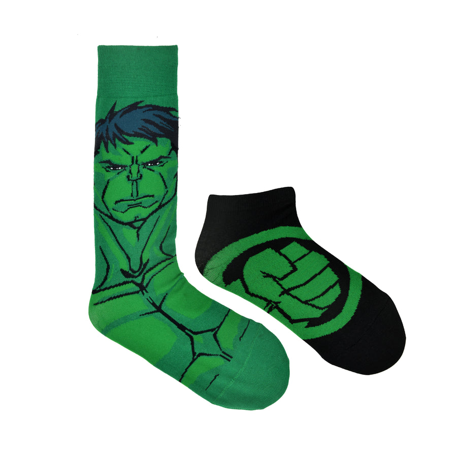 Balenzia x marvel character crew & ankle length sock for men- "the incredible hulk" gift pack (pack of 2 pairs/1u)(free size) green & black