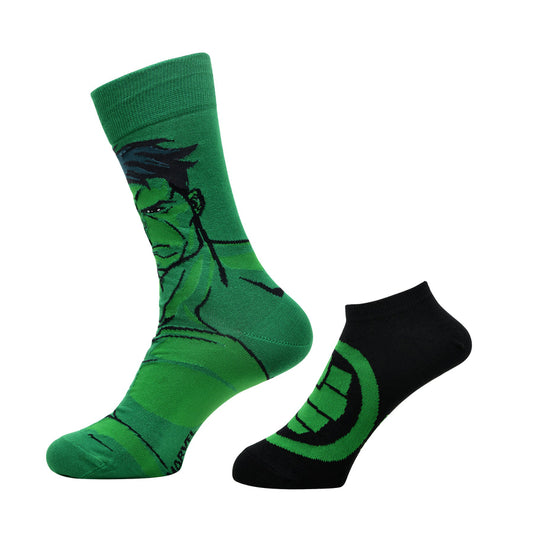 Balenzia x marvel character crew & ankle length sock for men- "the incredible hulk" gift pack (pack of 2 pairs/1u)(free size) green & black