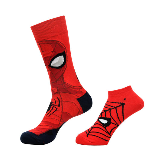 Balenzia x marvel character crew & lowcut/ankle length sock for men- "the amazing spider-man" gift pack (pack of 2 pairs/1u)(free size) red