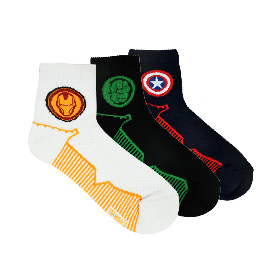 Balenzia x marvel iron man,captain america & hulk logo high ankle half cushioned sports socks for men-(pack of 3 pairs/1u)(free size)white,green,navy