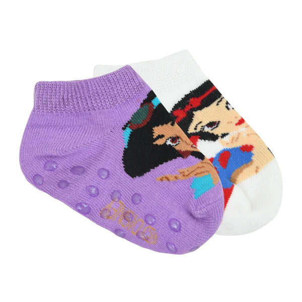 Balenzia x disney princess anti-skid lowcut socks for kids- snow white, jasmine (pack of 2 pairs/1u) (white, purple)