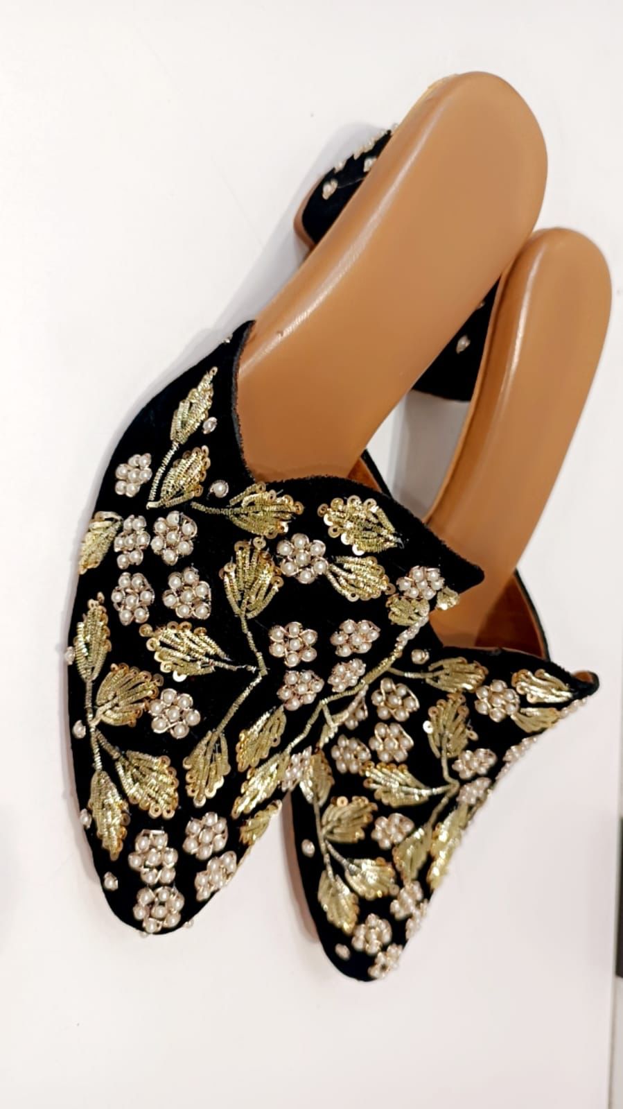 Women designer black and golden block heel mules