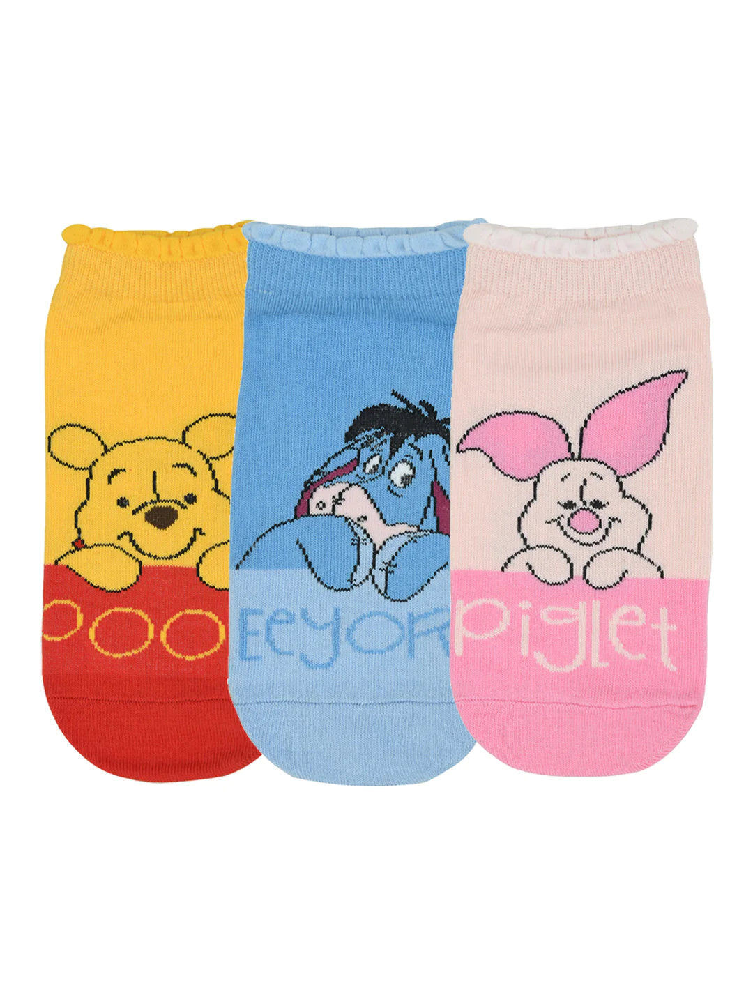 Balenzia x disney winnie the pooh lowcut socks for women-pooh,piglet,eeyore (pack of 3 pairs/1u)(free size) yellow, pink, blue