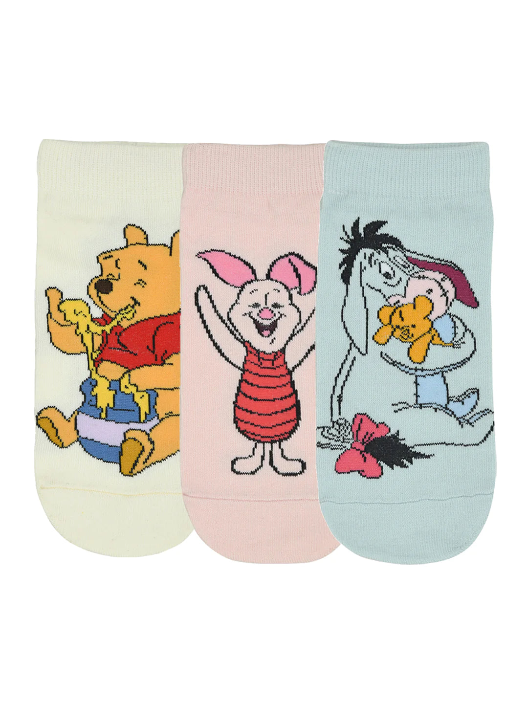 Balenzia x disney winnie the pooh lowcut socks for women-pooh,piglet,eeyore (pack of 3 pairs/1u)(free size) cream, pink, blue