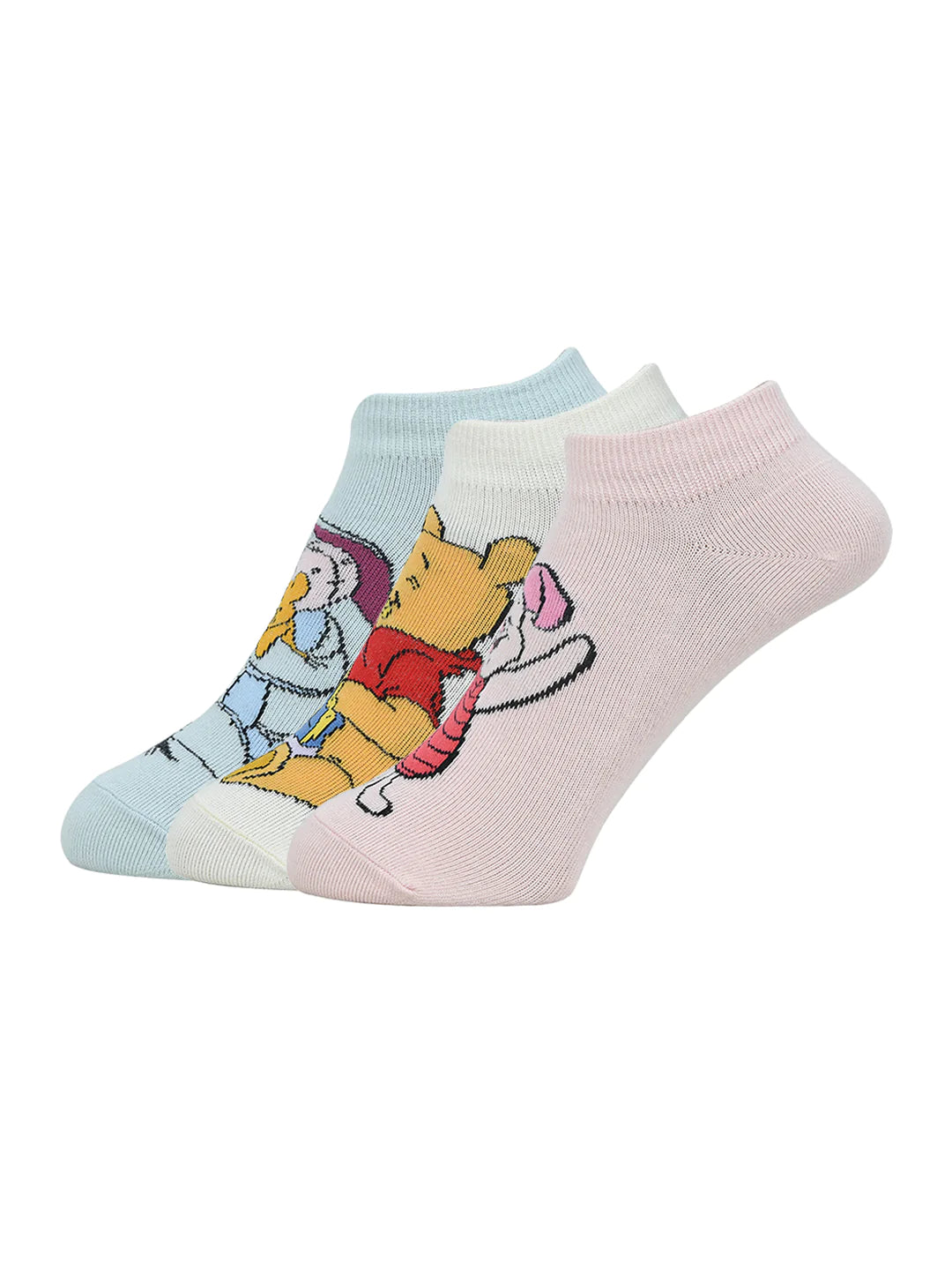 Balenzia x disney winnie the pooh lowcut socks for women-pooh,piglet,eeyore (pack of 3 pairs/1u)(free size) cream, pink, blue