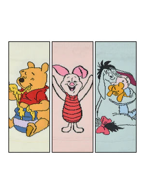 Balenzia x disney winnie the pooh lowcut socks for women-pooh,piglet,eeyore (pack of 3 pairs/1u)(free size) cream, pink, blue