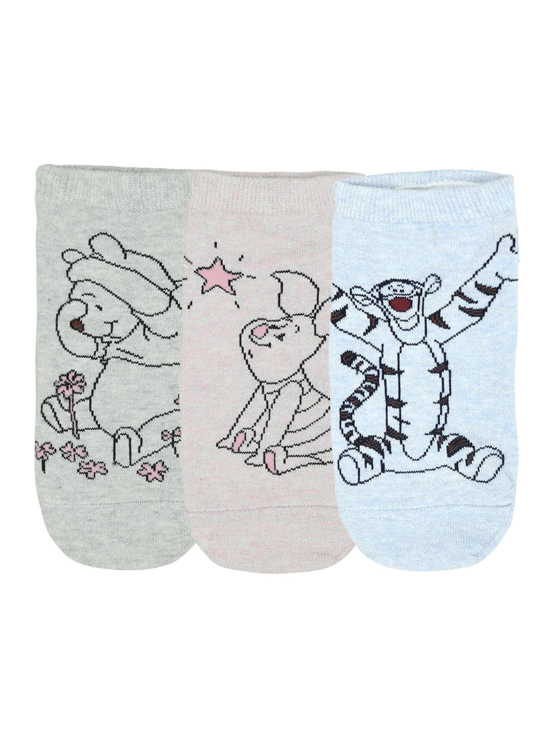 Balenzia x disney winnie the pooh lowcut socks for women-pooh, piglet, tiger (pack of 3 pairs/1u)(free size) silver, pink, blue