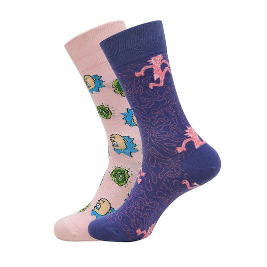 Rick and morty cotton crew socks for men (pack of 2) (free size) (pink, purple)