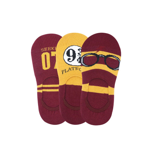 Balenzia x harry potter potter 07, lightning bolt & glasses, platform 9 3/4 no show socks for women(pack of 3 pairs/1u)- yellow & maroon