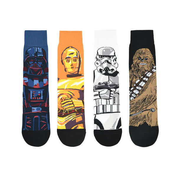 Star wars gift pack for men - chewbacca, c-3po, darth vader & clone trooper -characters crew socks (multicolored)(pack of 4 pairs/1u)