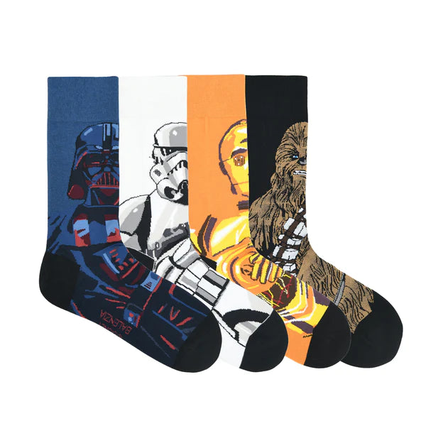 Star wars gift pack for men - chewbacca, c-3po, darth vader & clone trooper -characters crew socks (multicolored)(pack of 4 pairs/1u)