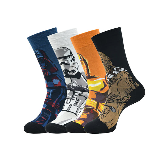 Star wars gift pack for men - chewbacca, c-3po, darth vader & clone trooper -characters crew socks (multicolored)(pack of 4 pairs/1u)