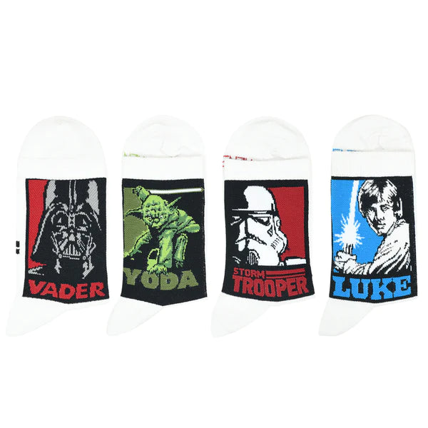 Star wars gift pack for men - clone trooper, yoda, luke skywalker, and darth vader-high ankle socks (white) (pack of 4 pairs/1u)