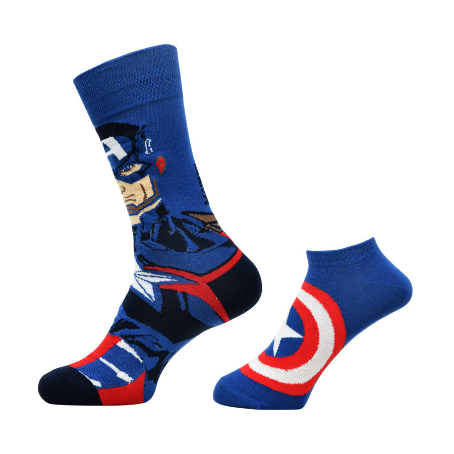 Balenzia x marvel character crew & lowcut/ankle length sock for men- "the unstoppable captain america" gift pack (pack of 2 pairs/1u)(free size) blue