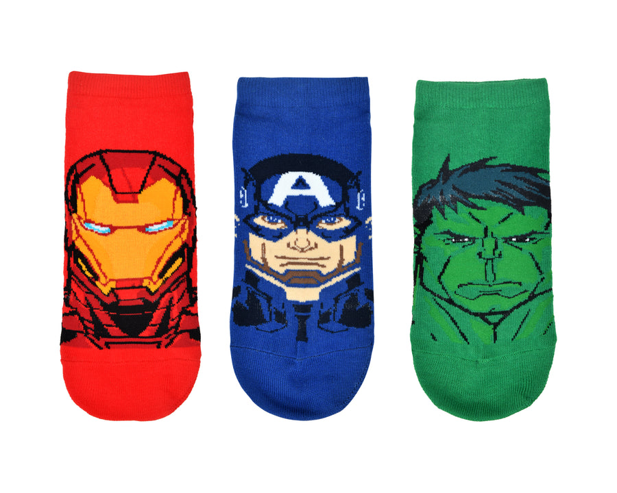 Balenzia x marvel character iron man,captain america & hulk themed ankle length socks for men-(pack of 3 pairs/1u)(free size)blue,red,green