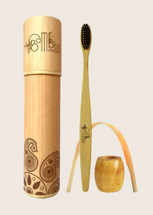 Bamboo toothbrush charcoal adult - soft with tongue cleaner & holder