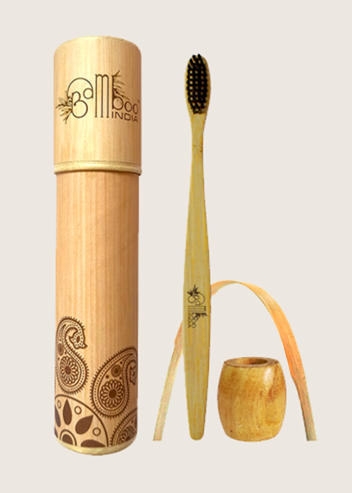 Bamboo toothbrush charcoal adult - soft with tongue cleaner & holder