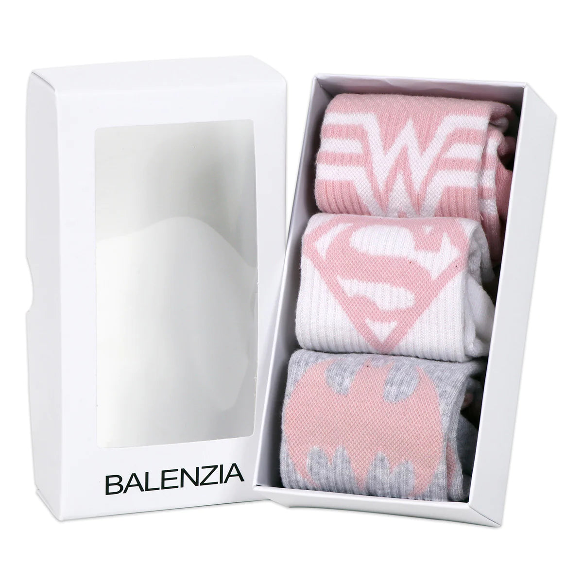 Balenzia x justice league women's combed cotton ankle length socks-pack of 3 pairs/1u (pink,grey,white)(free size)superman, batman, wonder woman