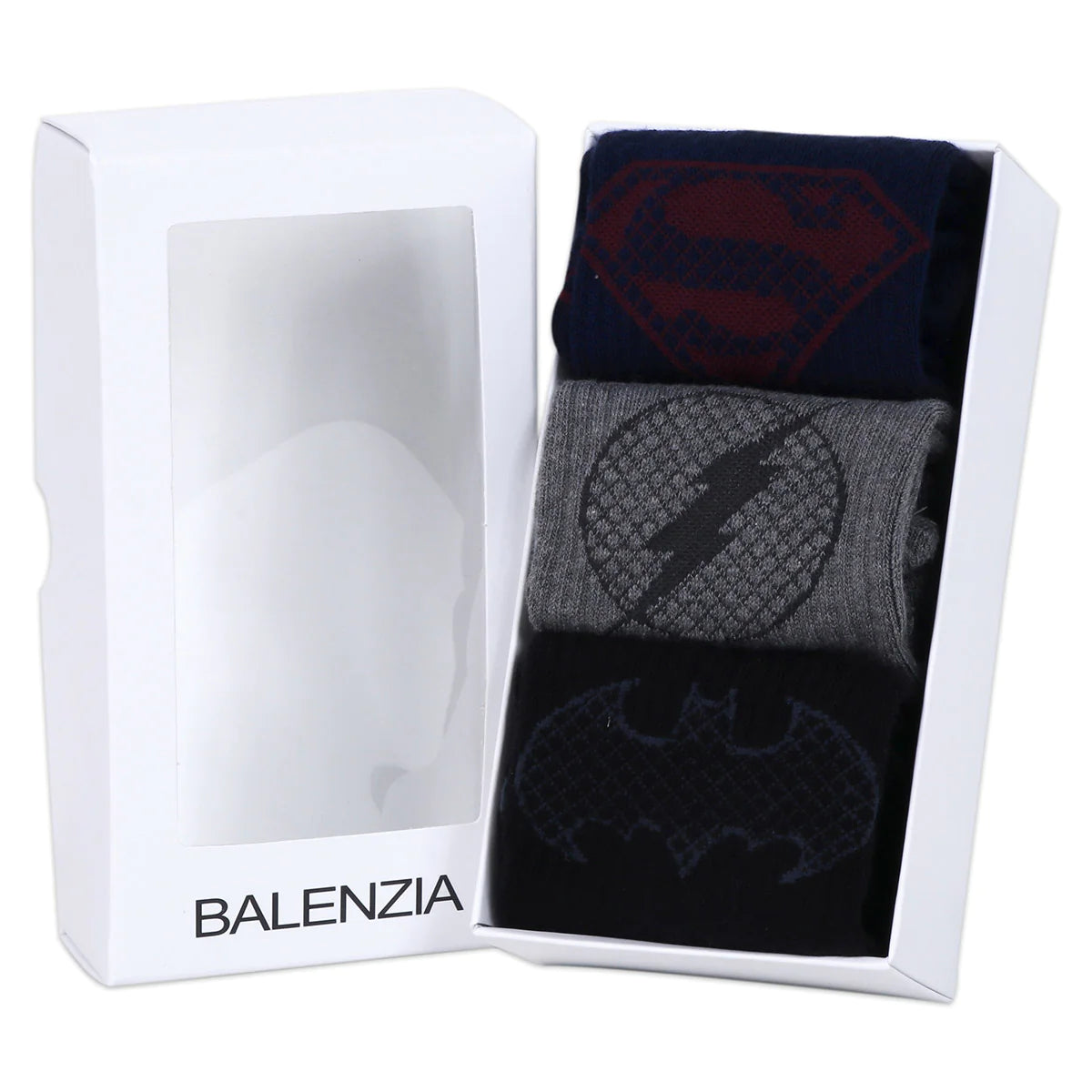 Balenzia x justice league men's combed cotton lowcut socks-pack of 3 pairs/1u (black,navy,grey)(free size)superman, batman, flash