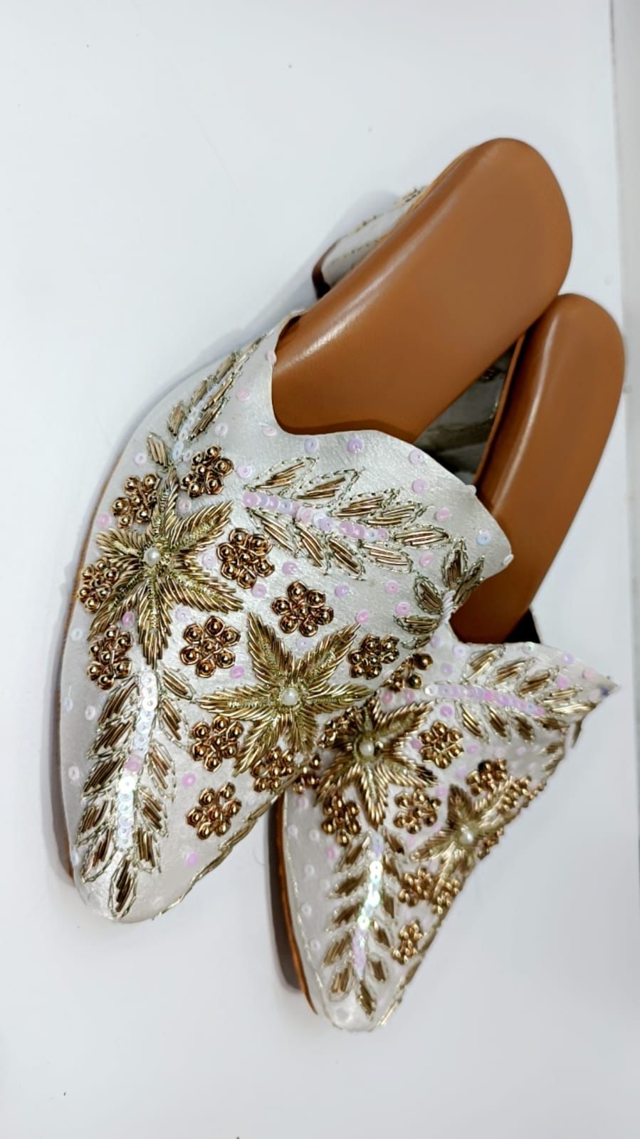 Women hand embroidered white and golden  block heel mules