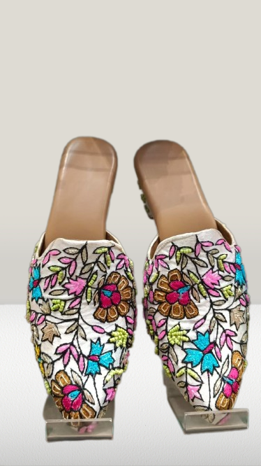 Women hand embroidered multi-color block heel mules