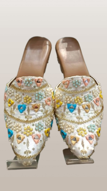 Women hand embroidered white multi color pearl mules