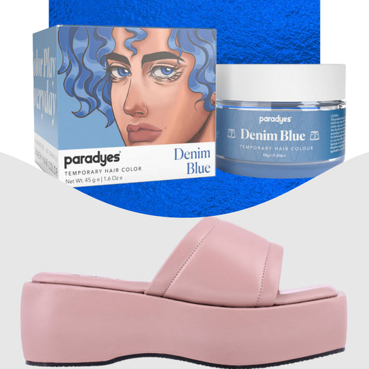 Paradyes Denim Blue Temporary Hair Color + Chunky Broad Strap Champagne platforms