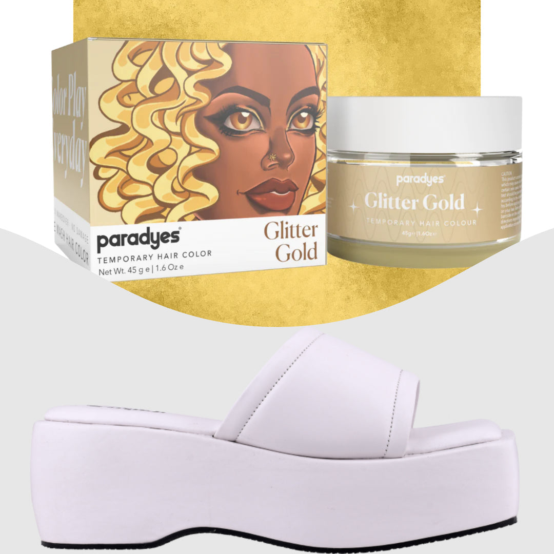 Paradyes Glitter Gold Temporary Hair Color + Chunky Broad Strap White platforms