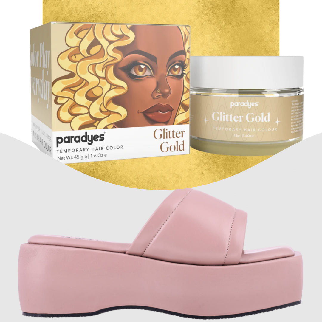 Paradyes Glitter Gold Temporary Hair Color + Chunky Broad Strap Champagne platforms