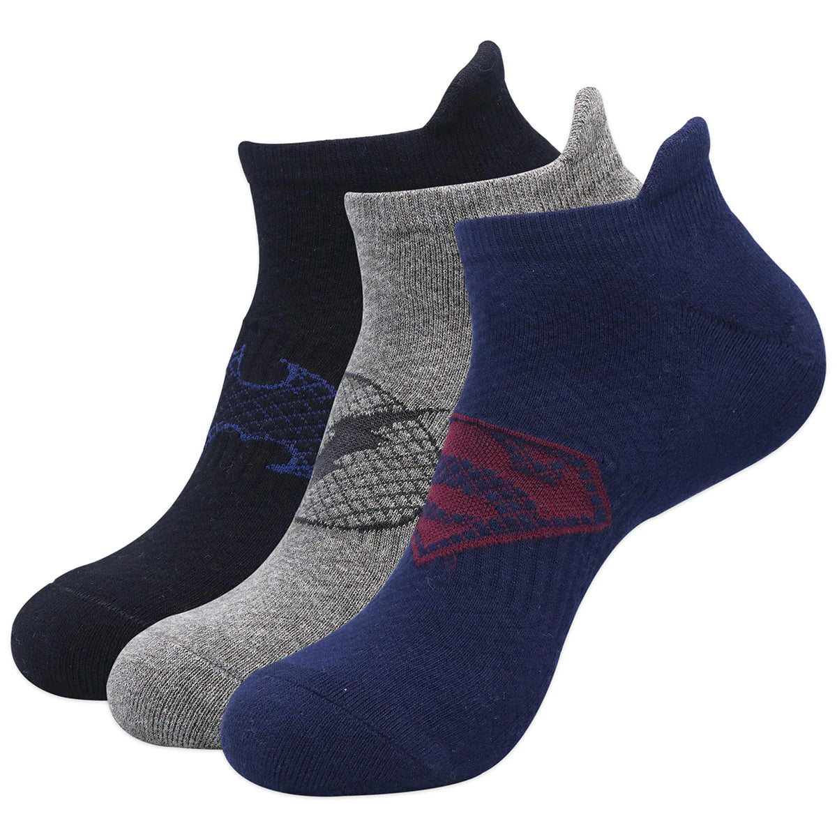 Balenzia x justice league men's combed cotton lowcut socks-pack of 3 pairs/1u (black,navy,grey)(free size)superman, batman, flash