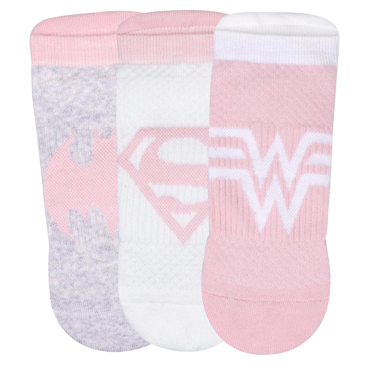 Balenzia x justice league women's combed cotton ankle length socks-pack of 3 pairs/1u (pink,grey,white)(free size)superman, batman, wonder woman