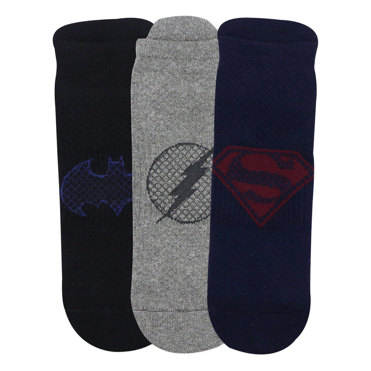 Balenzia x justice league men's combed cotton lowcut socks-pack of 3 pairs/1u (black,navy,grey)(free size)superman, batman, flash