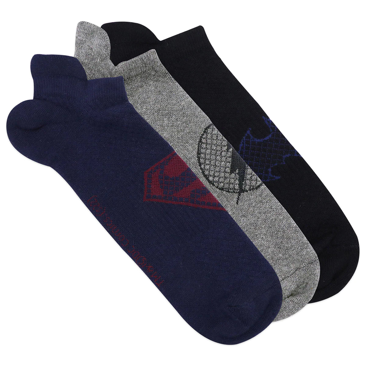 Balenzia x justice league men's combed cotton lowcut socks-pack of 3 pairs/1u (black,navy,grey)(free size)superman, batman, flash