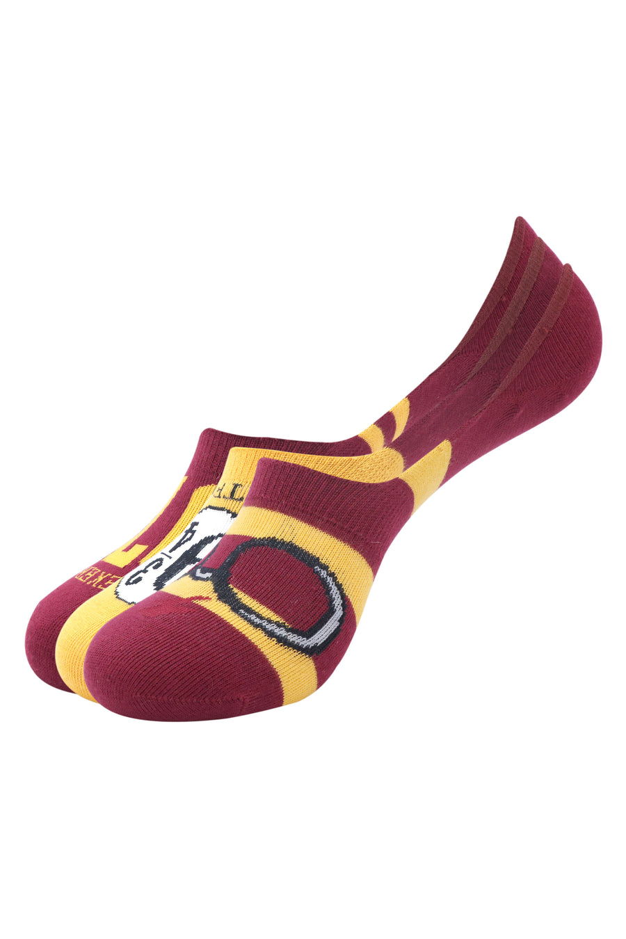 Balenzia x harry potter potter 07, lightning bolt & glasses, platform 9 3/4 no show socks for women(pack of 3 pairs/1u)- yellow & maroon