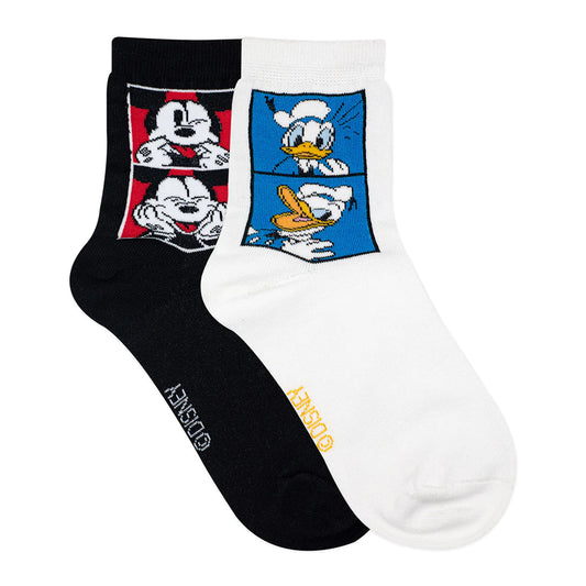 Balenzia x disney mickey & donald high ankle socks for women (pack of 2 pairs/1u)(free size) black,white